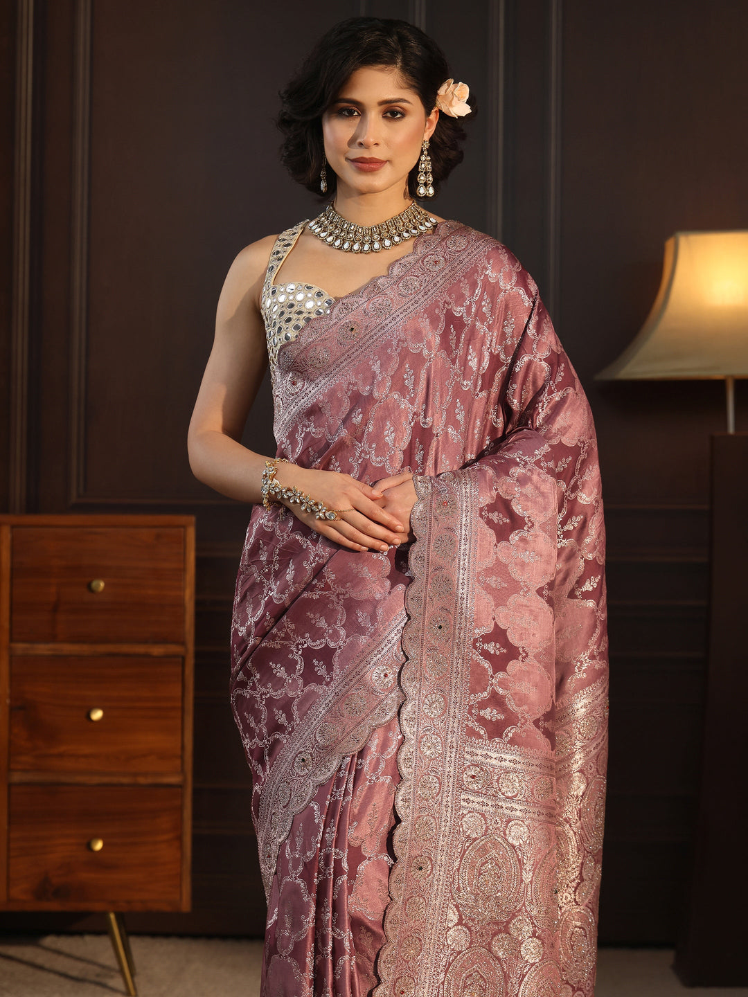 Libas Art Mauve Woven Design Satin Saree with Scalloped Border