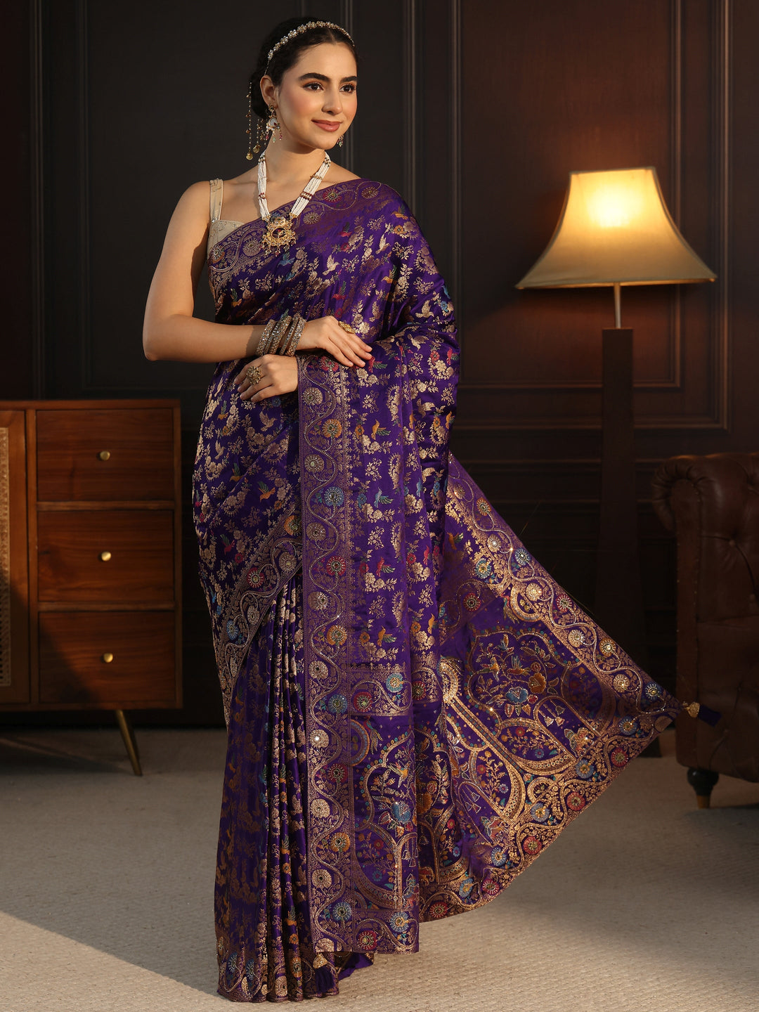 Libas Art Purple Floral Woven Design Satin Saree