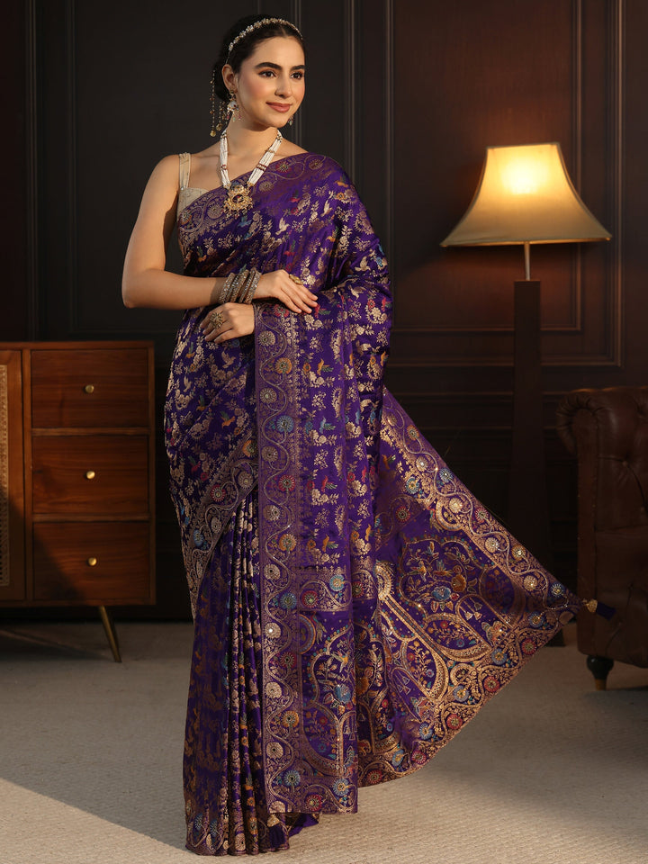 Libas Art Purple Floral Woven Design Satin Saree