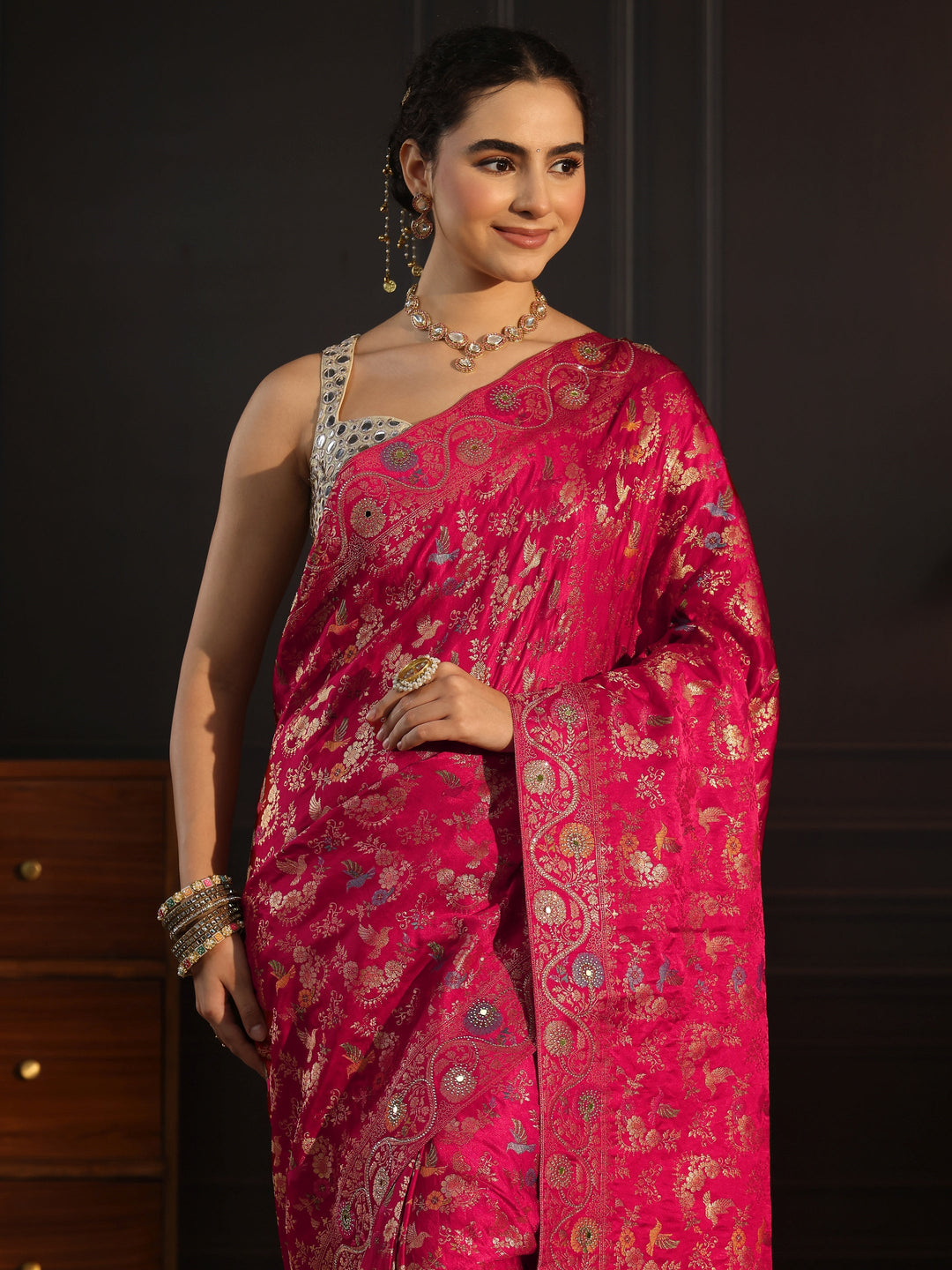 Libas Art Rani Pink Floral Woven Design Satin Saree