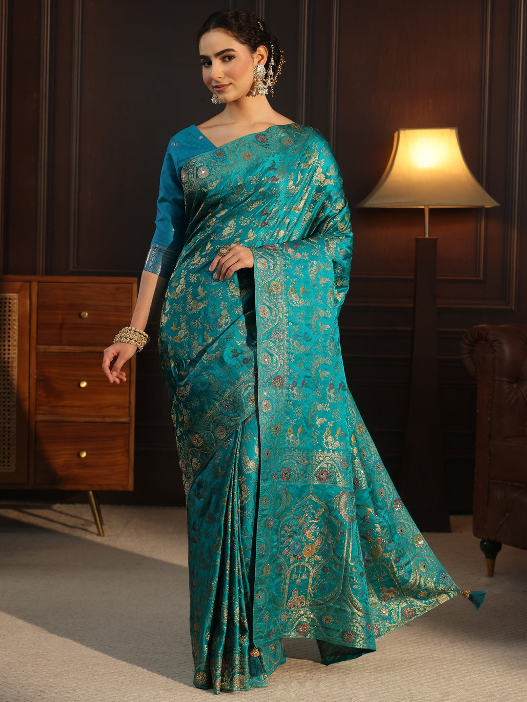 Libas Art Turquoise Blue Floral Woven Design Satin Saree
