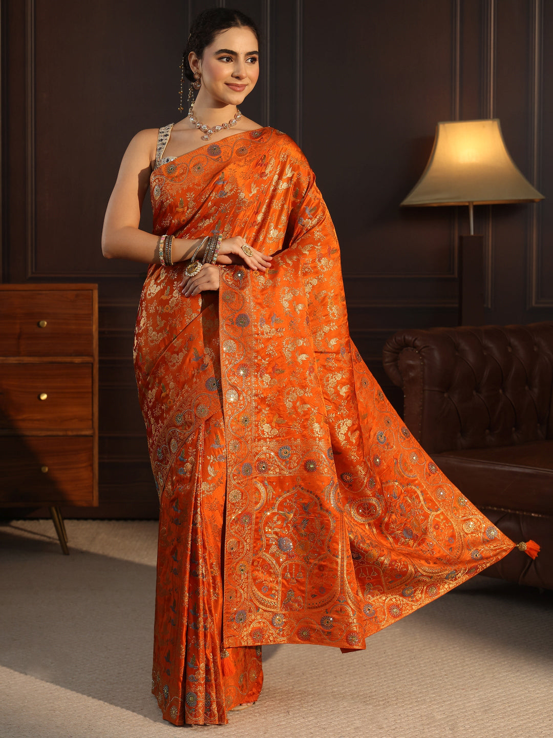 Libas Art Orange Floral Woven Design Satin Saree