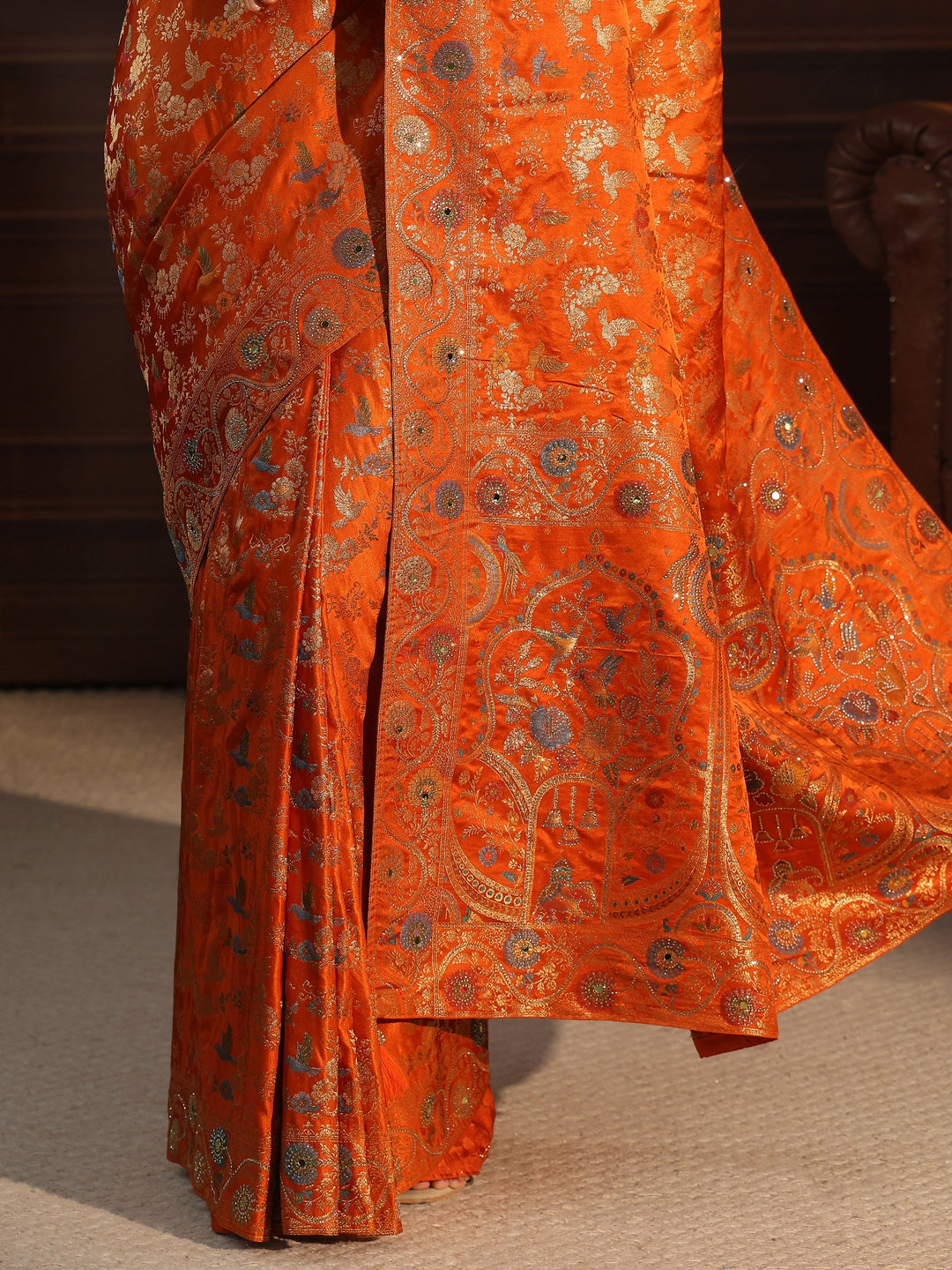 Libas Art Orange Floral Woven Design Satin Saree