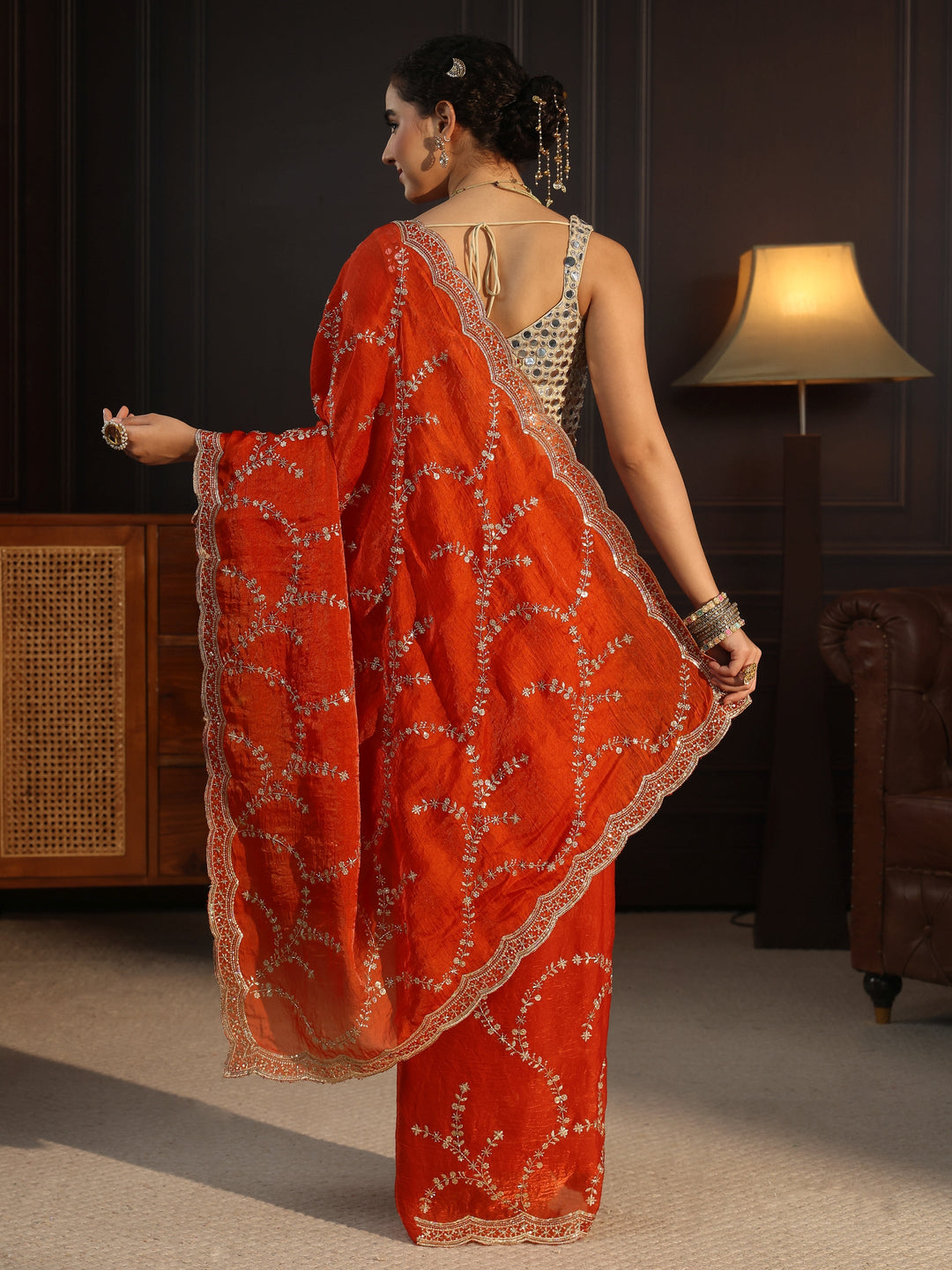 Libas Orange Sequin Embellished Tissue Saree with Scalloped Border