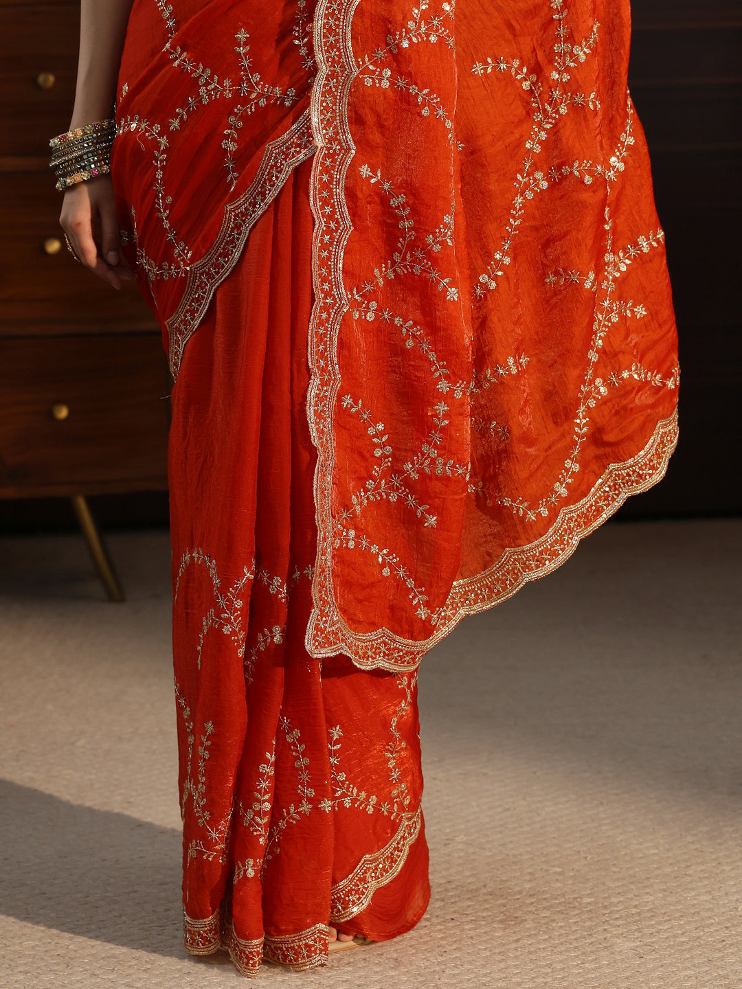 Libas Orange Sequin Embellished Tissue Saree with Scalloped Border
