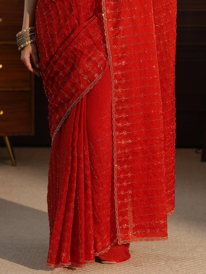 Libas Burnt Orange Embellished Tissue Saree