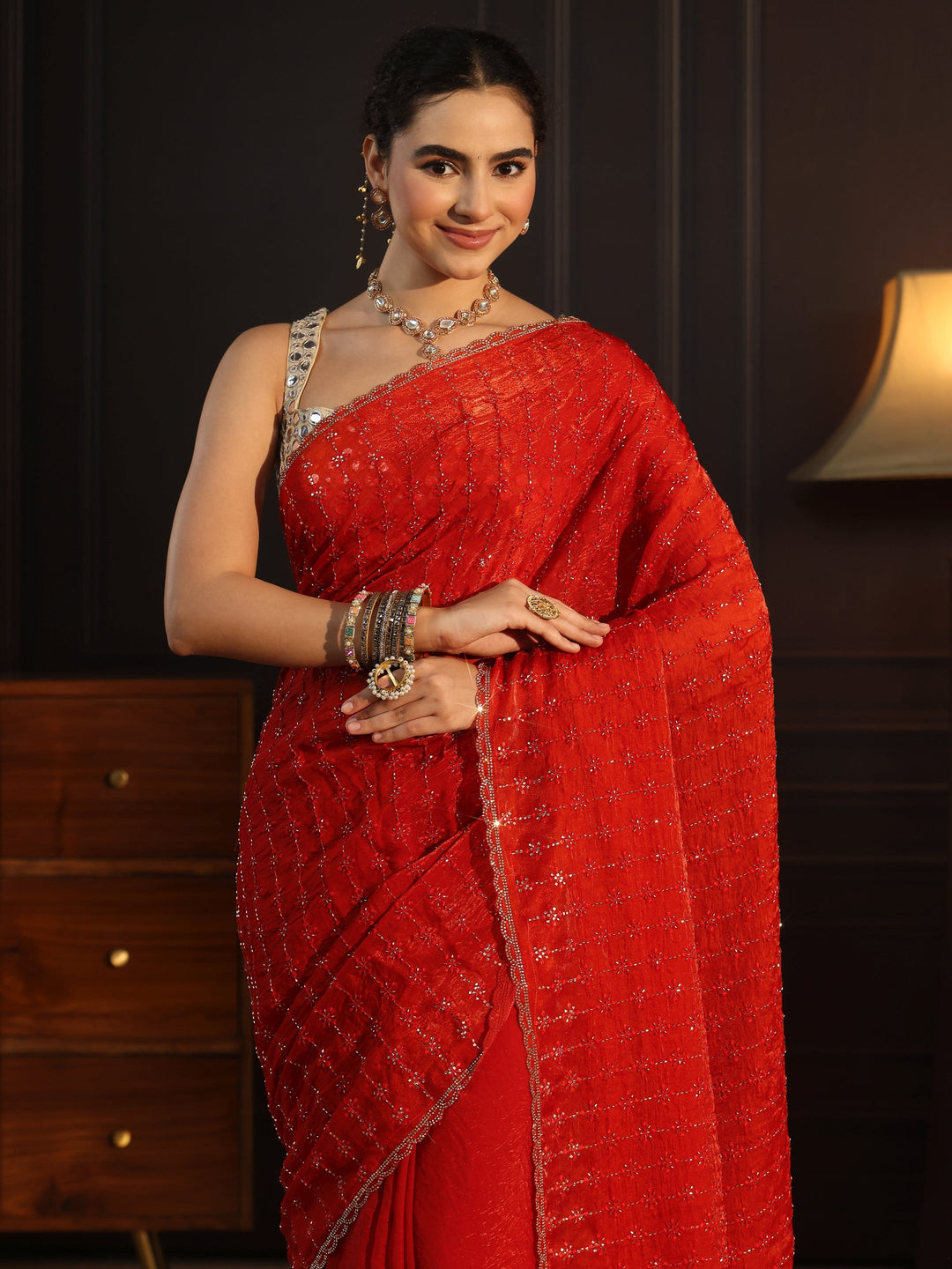 Libas Burnt Orange Embellished Tissue Saree
