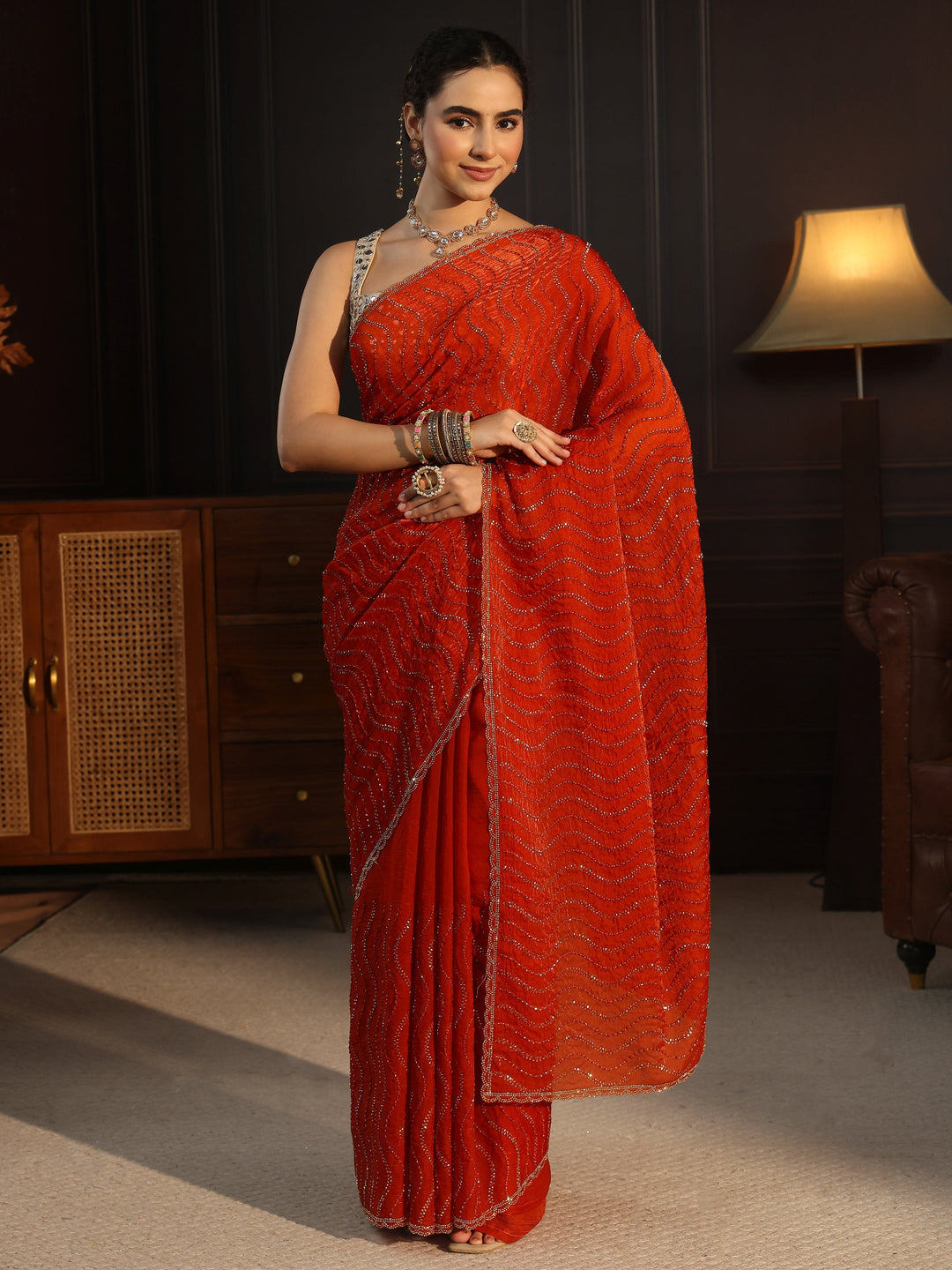 Libas Burnt Orange Embellished Tissue Saree