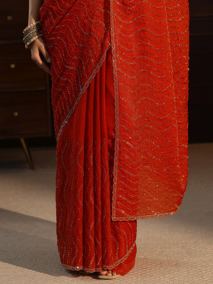 Libas Burnt Orange Embellished Tissue Saree