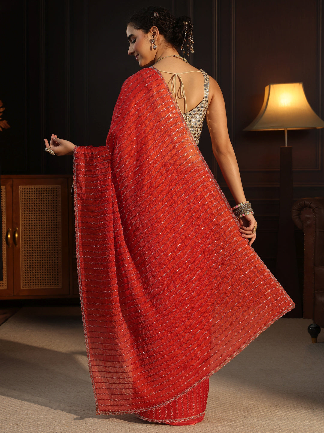 Libas Burnt Orange Embellished Tissue Saree