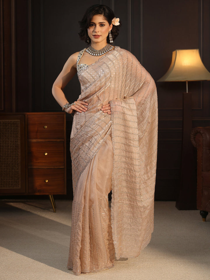 Libas Taupe Embellished Tissue Saree