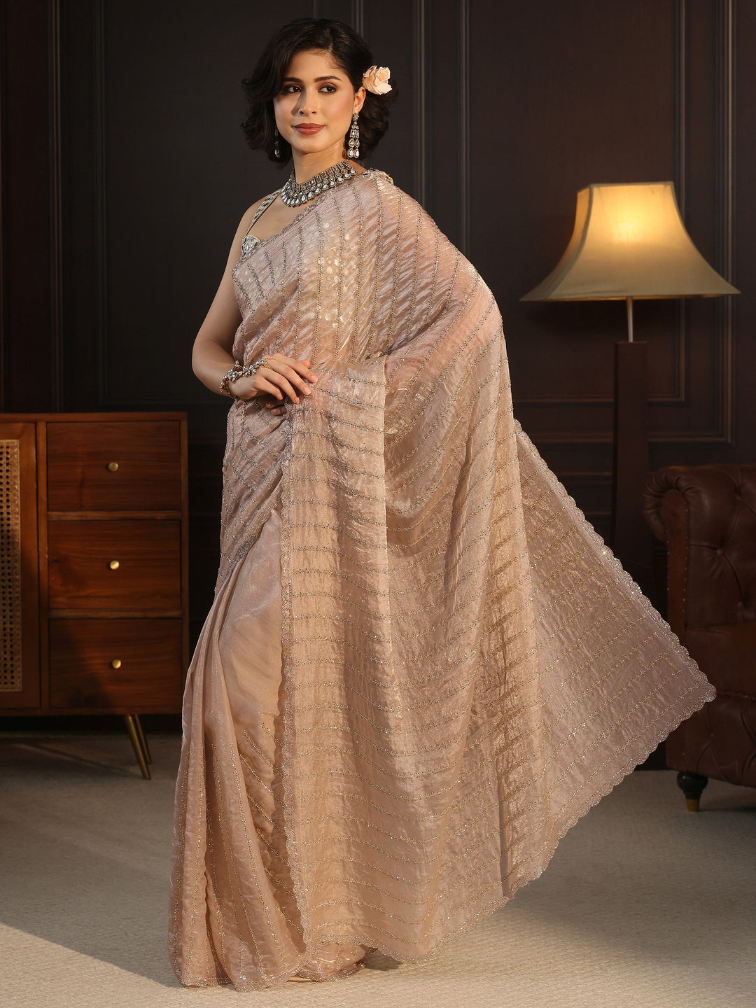 Libas Taupe Embellished Tissue Saree