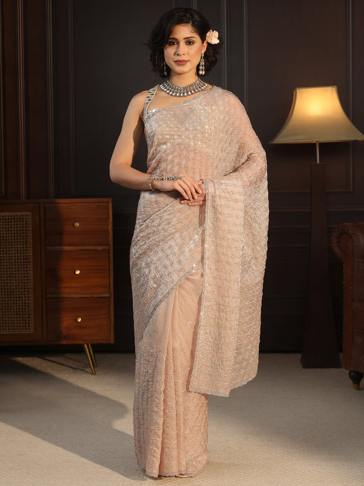 Libas Taupe Embellished Tissue Saree