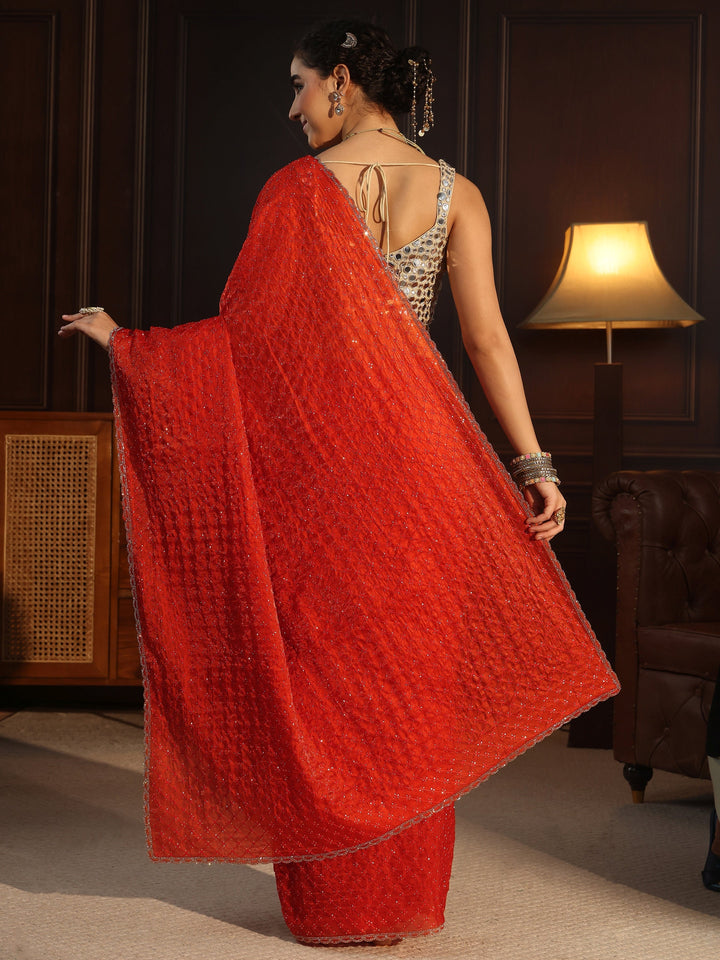 Libas Burnt Orange Embellished Tissue Saree