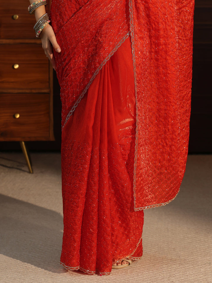 Libas Burnt Orange Embellished Tissue Saree