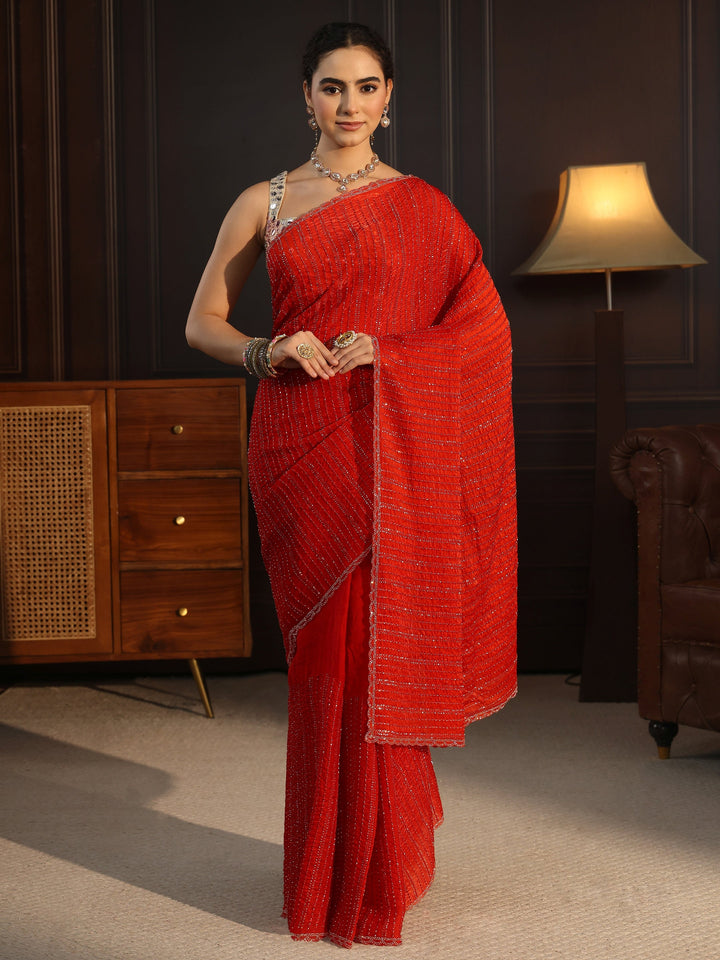 Libas Burnt Orange Embellished Tissue Saree