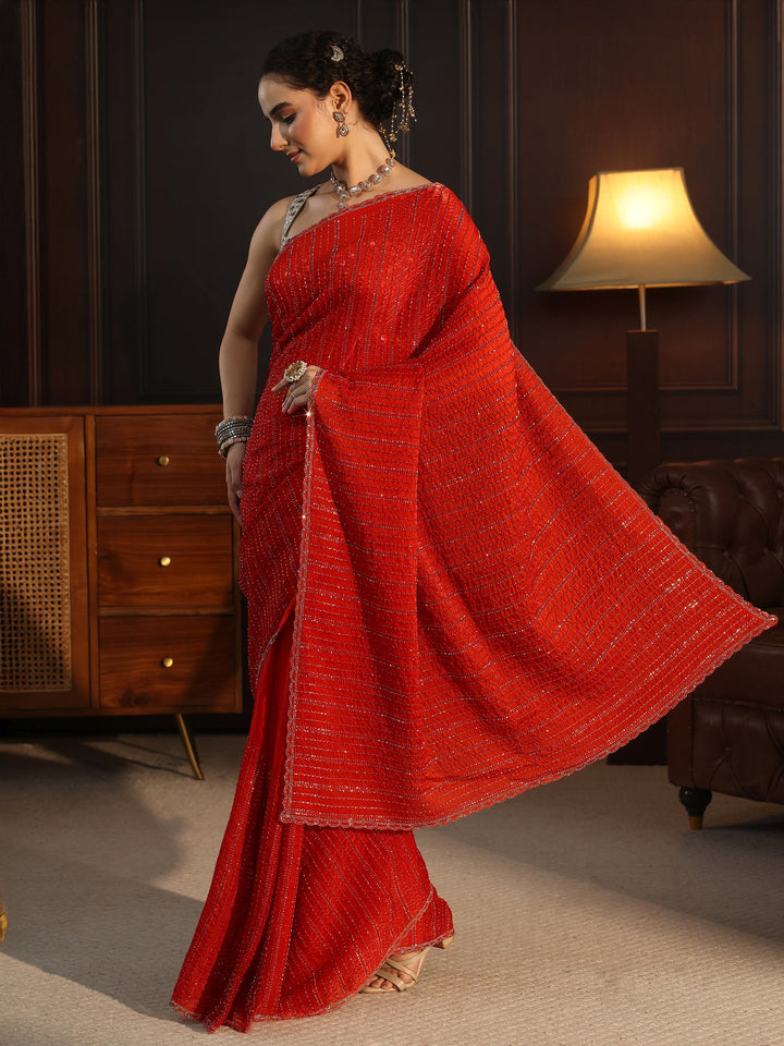 Libas Burnt Orange Embellished Tissue Saree