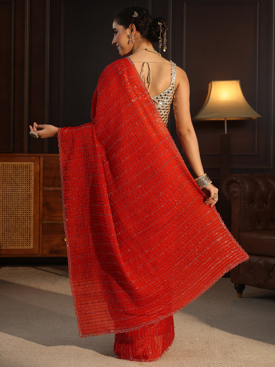 Libas Burnt Orange Embellished Tissue Saree