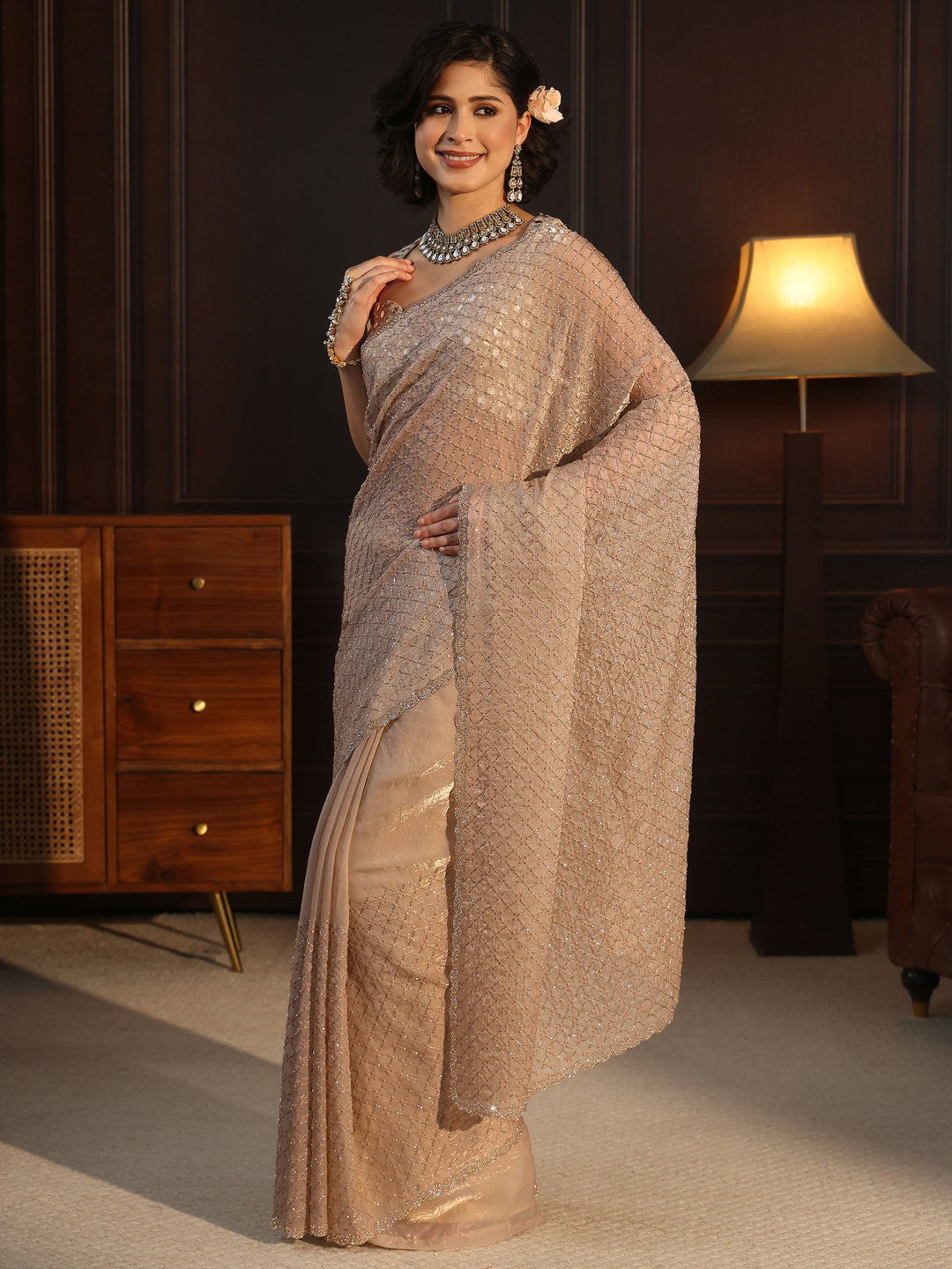 Libas Taupe Embellished Tissue Saree