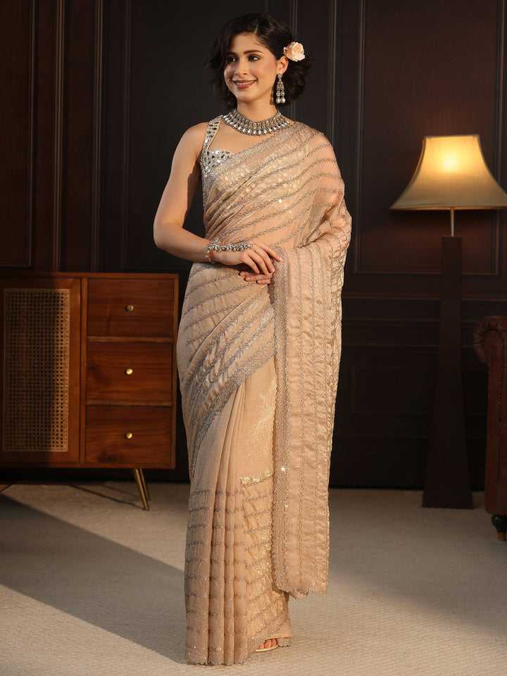Libas Taupe Embellished Tissue Saree