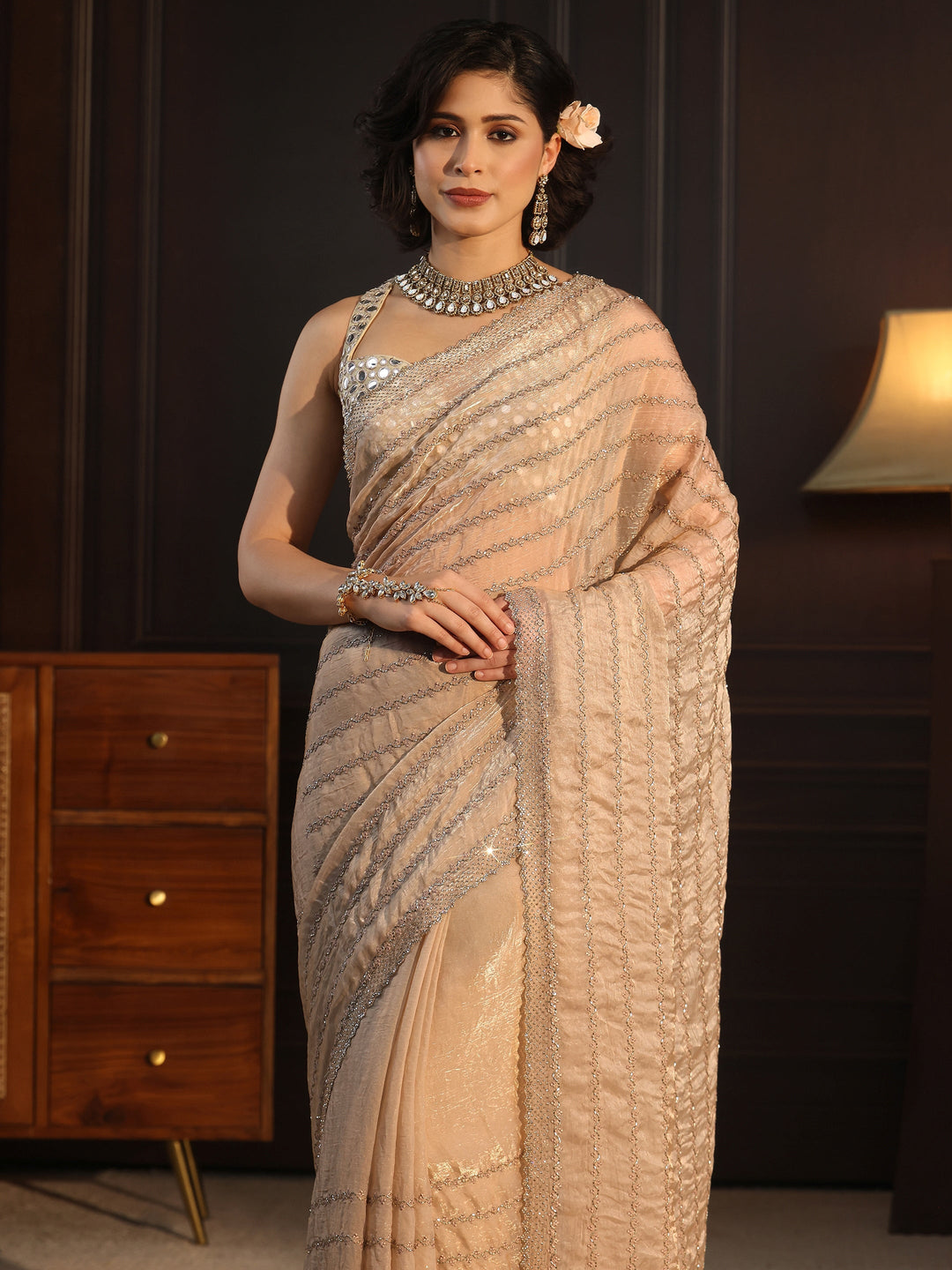 Libas Taupe Embellished Tissue Saree