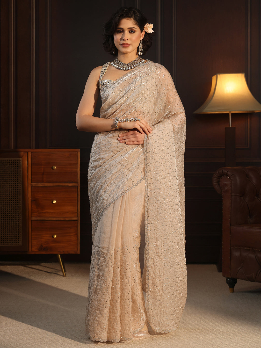 Libas Taupe Embellished Tissue Saree