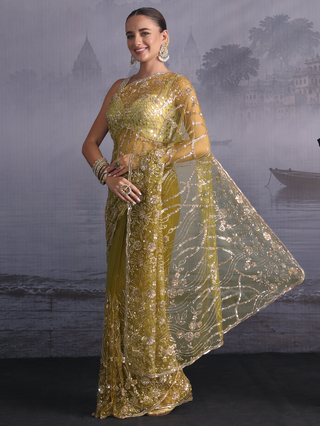 Libas Art Henna Green Sequin Embellished Net Saree