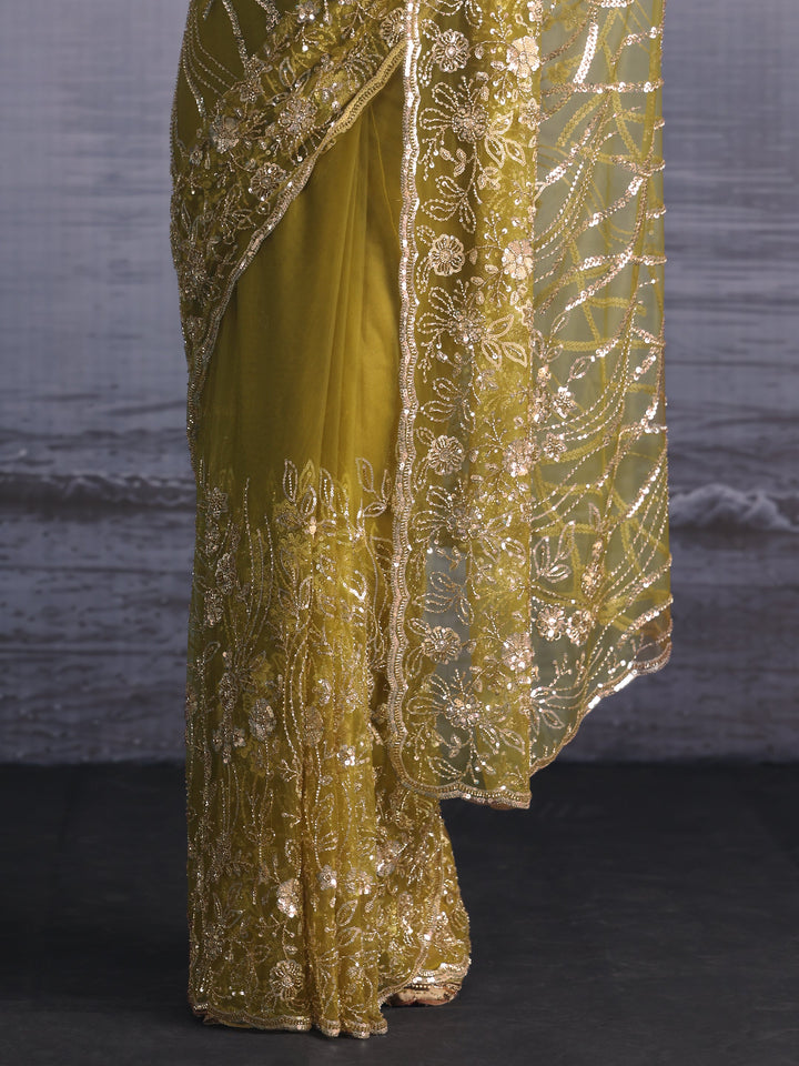 Libas Art Henna Green Sequin Embellished Net Saree