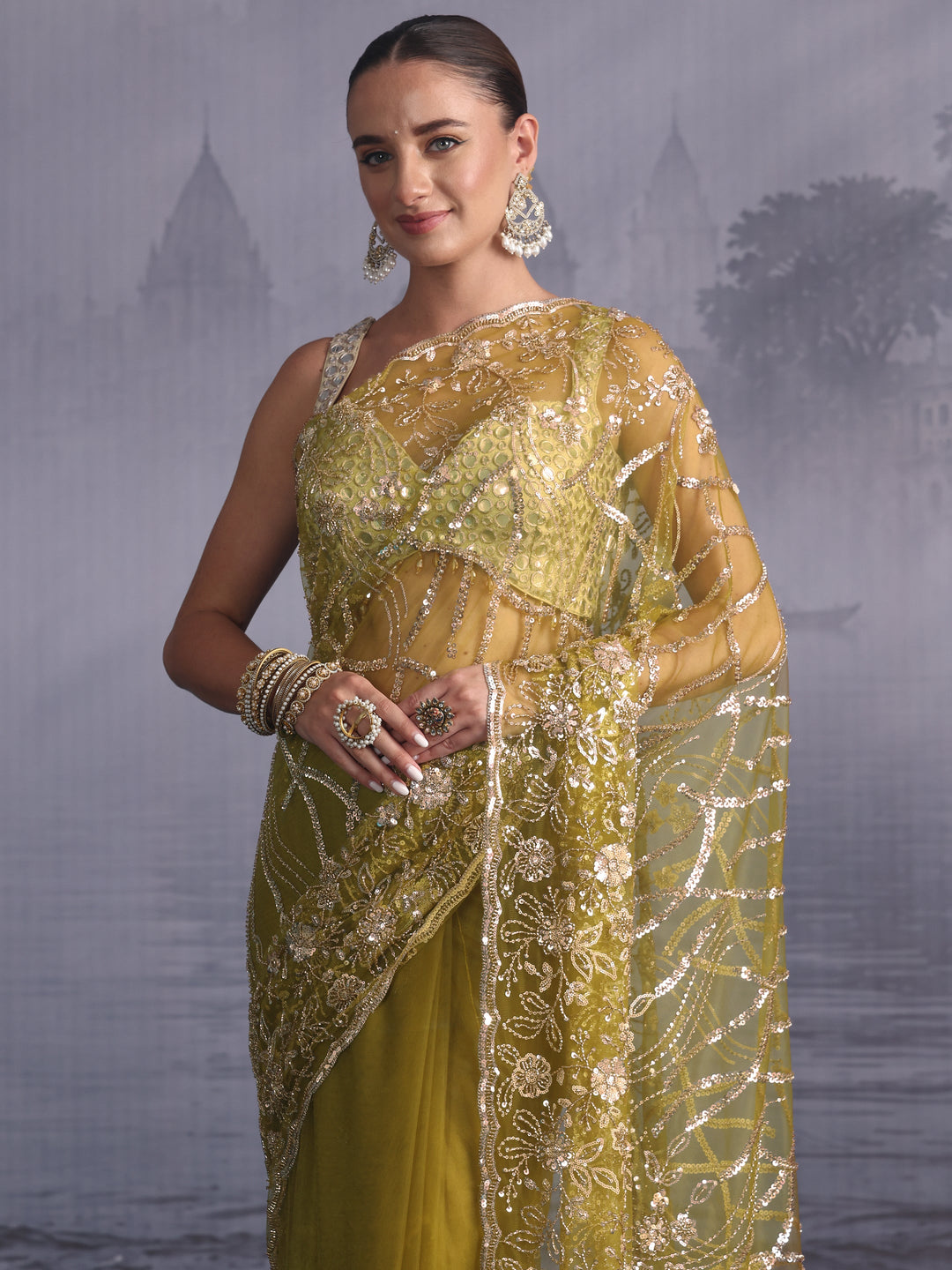 Libas Art Henna Green Sequin Embellished Net Saree