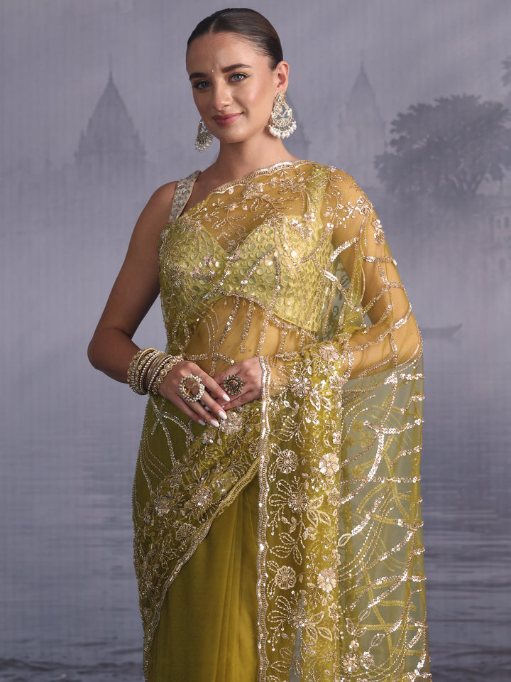 Libas Art Henna Green Sequin Embellished Net Saree