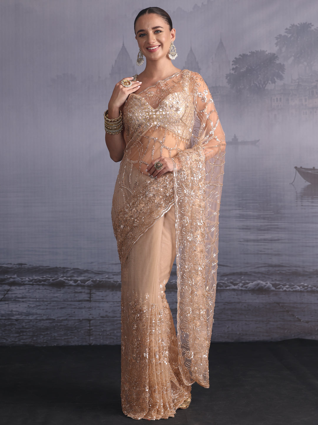 Libas Art Taupe Sequin Embellished Net Saree