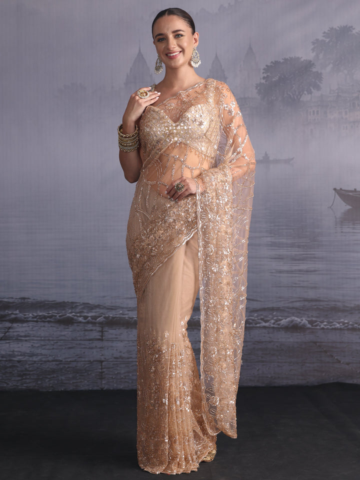 Libas Art Taupe Sequin Embellished Net Saree