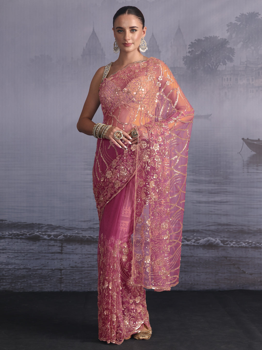 Libas Art Lavender Sequin Embellished Net Saree