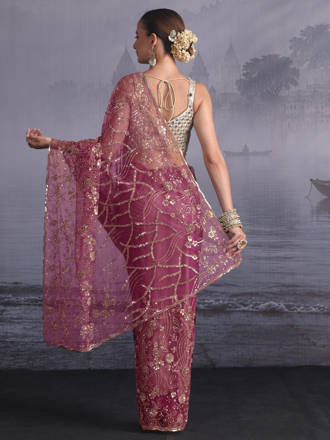 Libas Art Lavender Sequin Embellished Net Saree