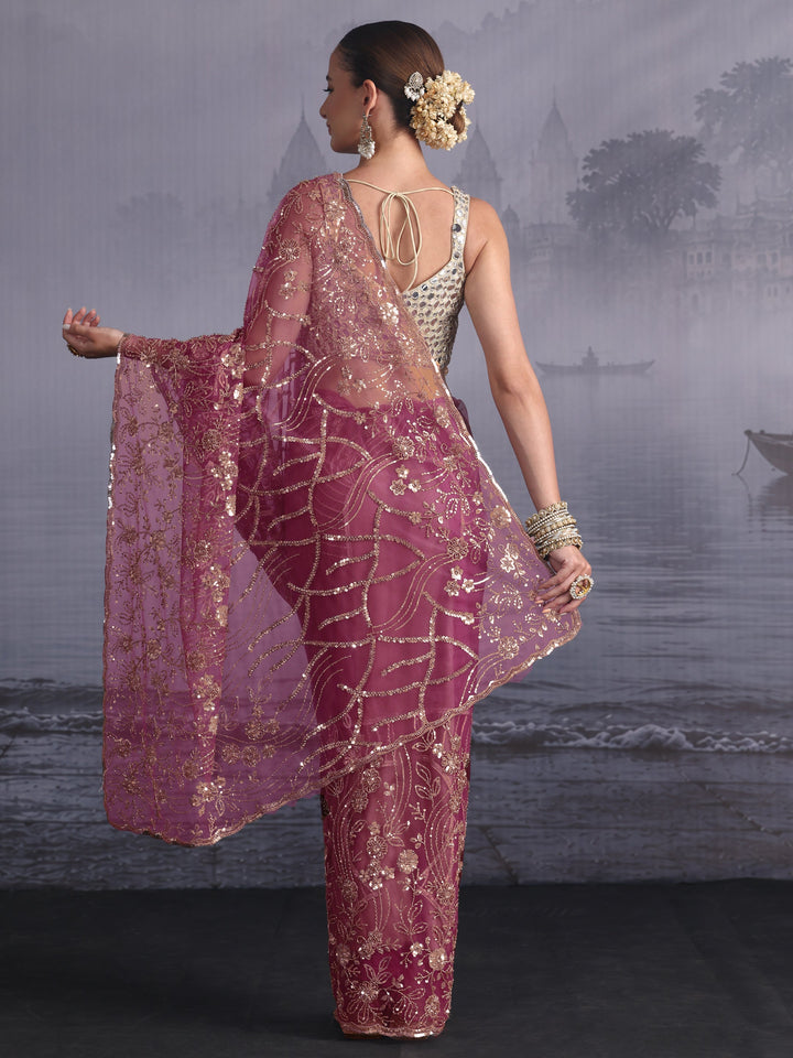 Libas Art Lavender Sequin Embellished Net Saree