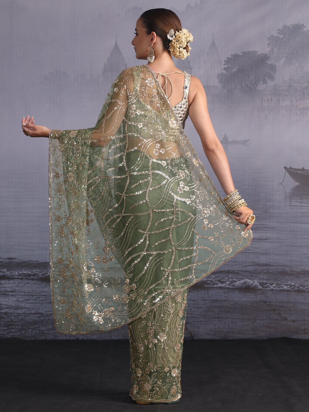 Libas Art Sage Green Sequin Embellished Net Saree