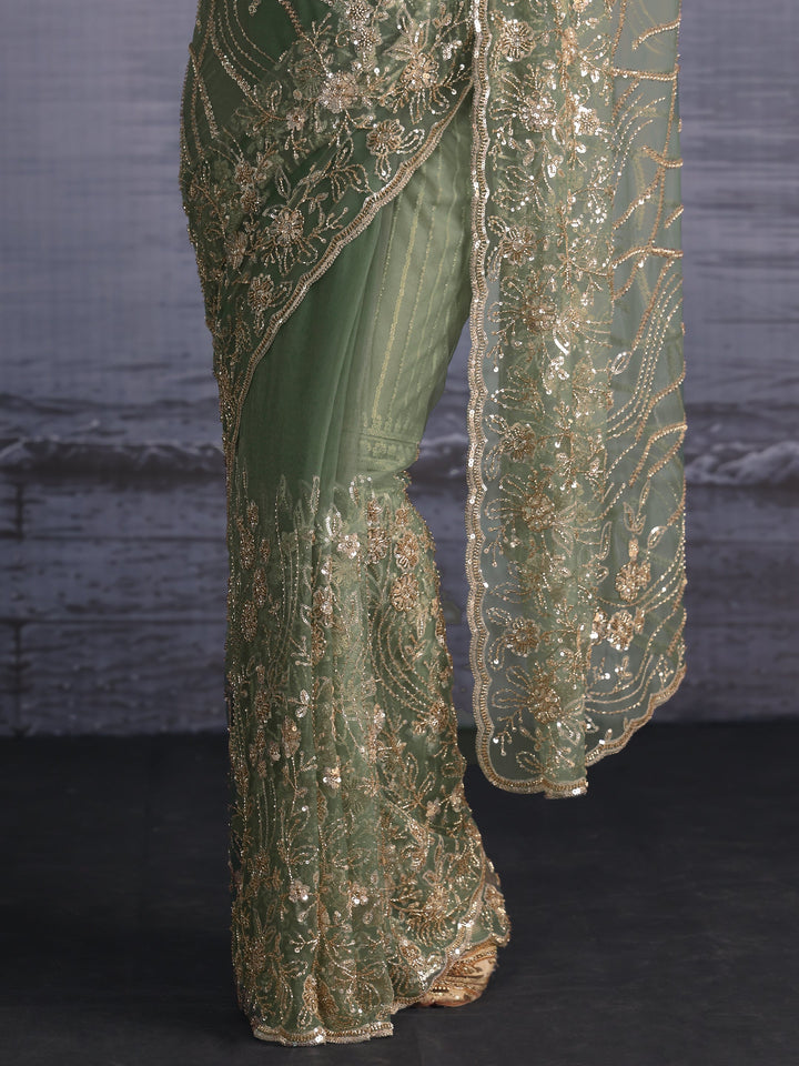 Libas Art Sage Green Sequin Embellished Net Saree