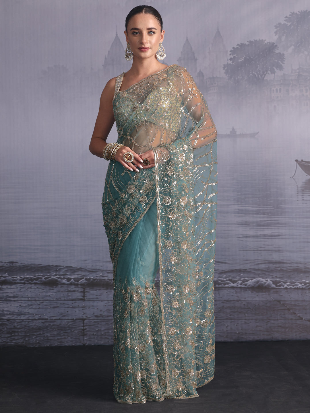 Libas Art Dusty Blue Sequin Embellished Net Saree