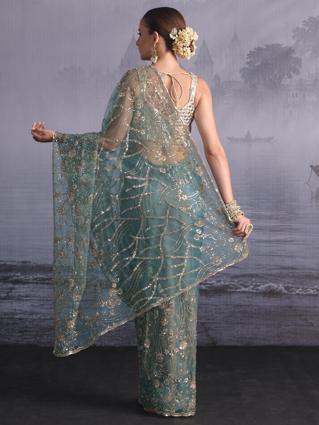 Libas Art Dusty Blue Sequin Embellished Net Saree