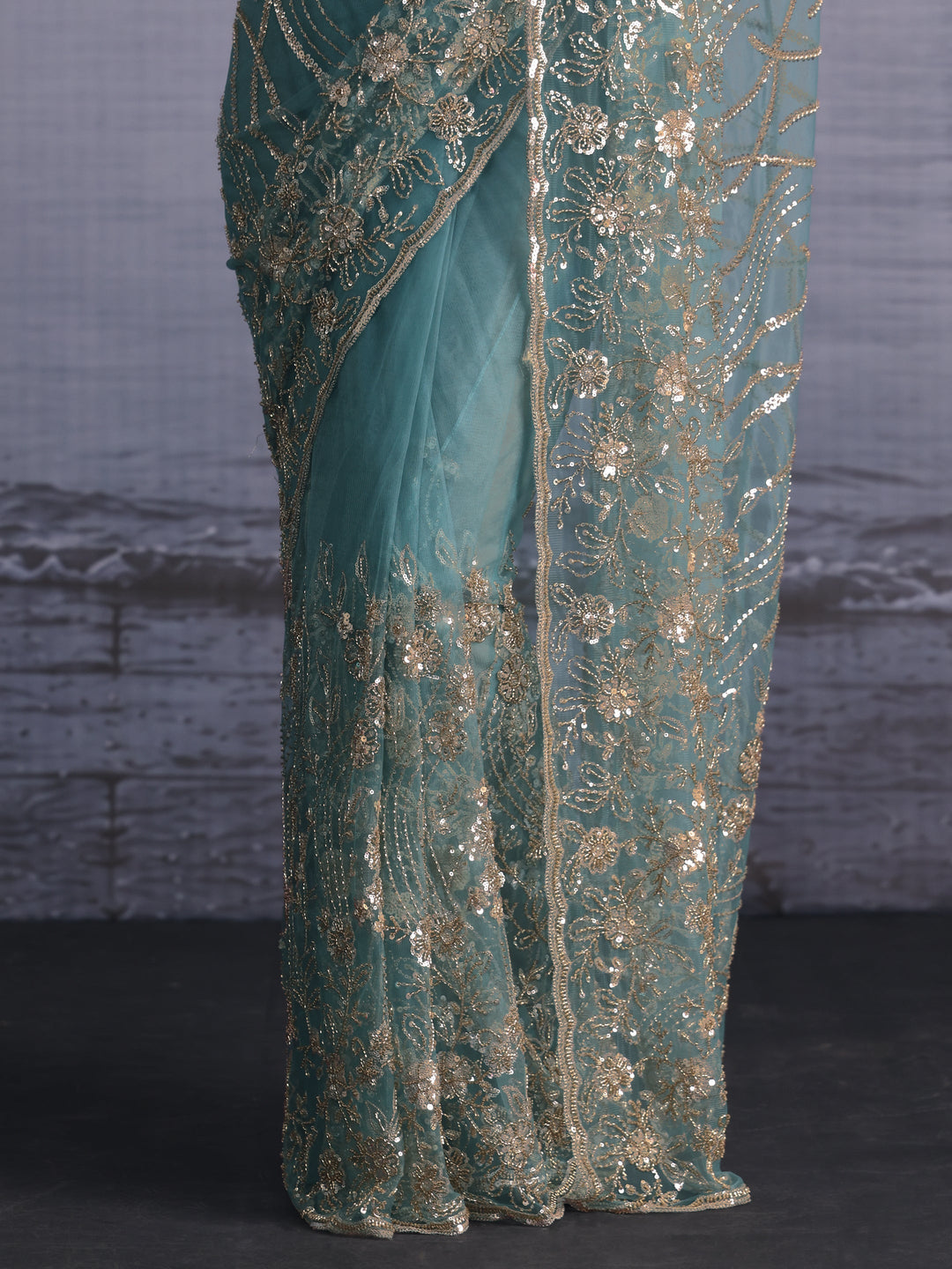 Libas Art Dusty Blue Sequin Embellished Net Saree