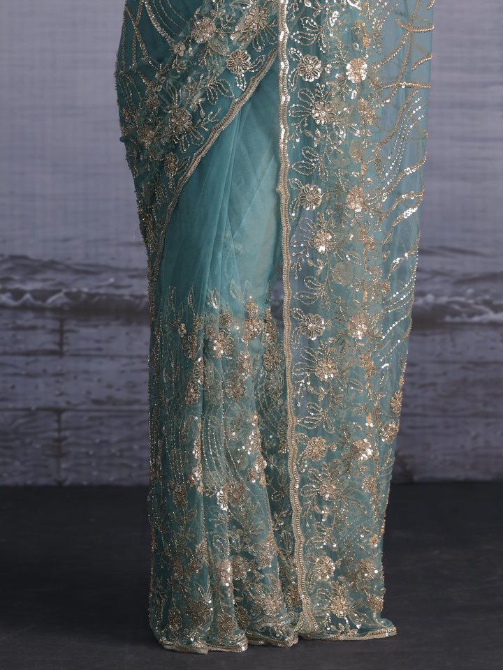 Libas Art Dusty Blue Sequin Embellished Net Saree