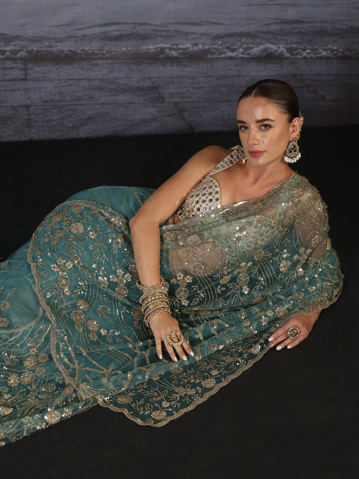 Libas Art Dusty Blue Sequin Embellished Net Saree