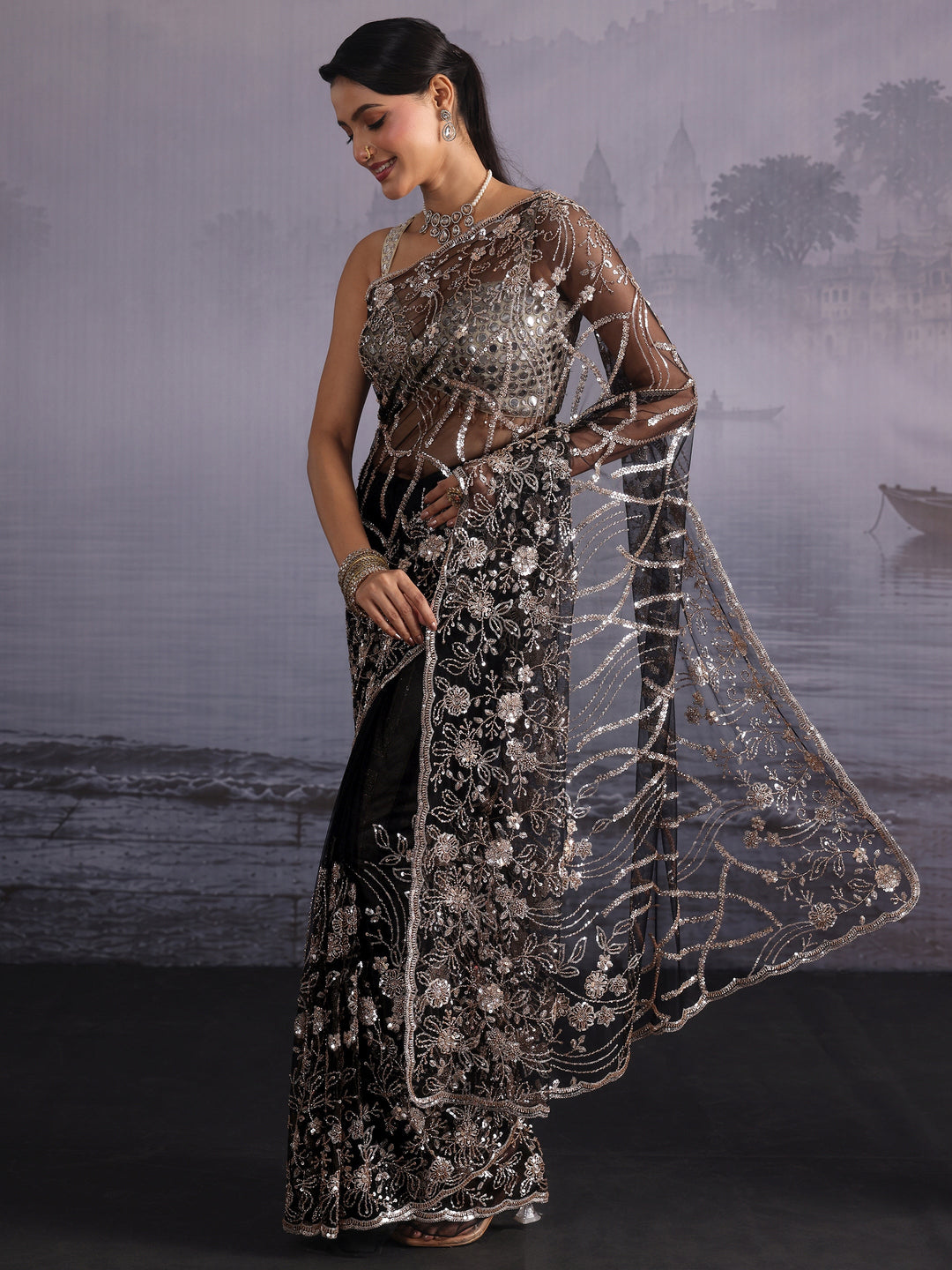 Libas Art Black Floral Beads and Sequin Embellished Net Saree