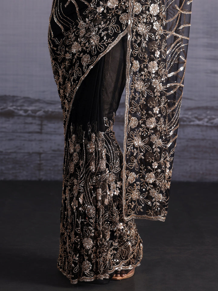 Libas Art Black Floral Beads and Sequin Embellished Net Saree