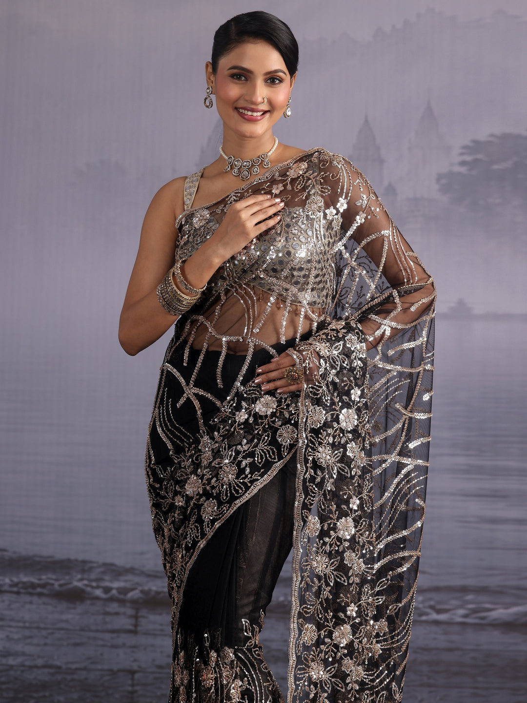 Libas Art Black Floral Beads and Sequin Embellished Net Saree