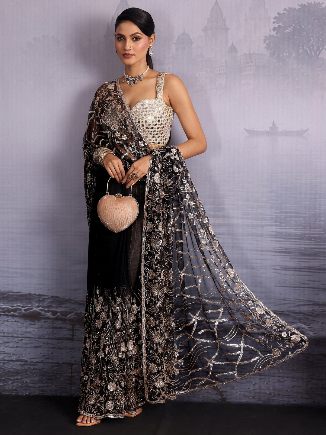 Libas Art Black Floral Beads and Sequin Embellished Net Saree