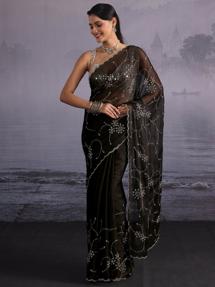 Libas Black Floral Stone Work Embellished Tissue Saree