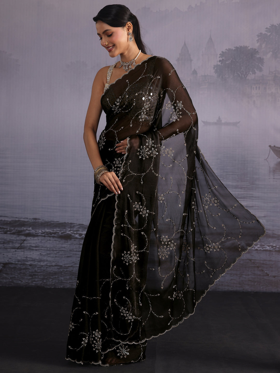 Libas Black Floral Stone Work Embellished Tissue Saree