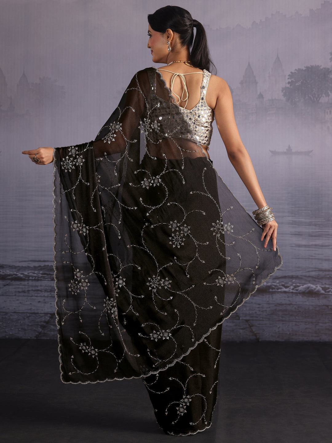 Libas Black Floral Stone Work Embellished Tissue Saree
