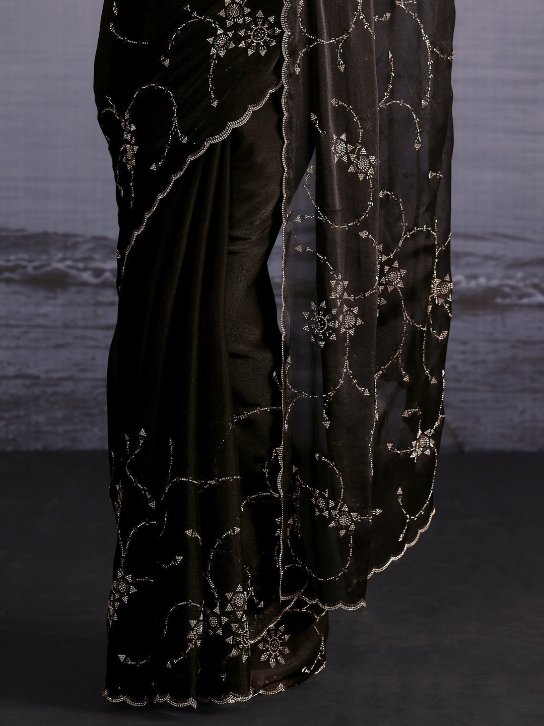 Libas Black Floral Stone Work Embellished Tissue Saree